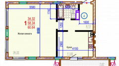 Однокомнатная квартира 60.64 м2